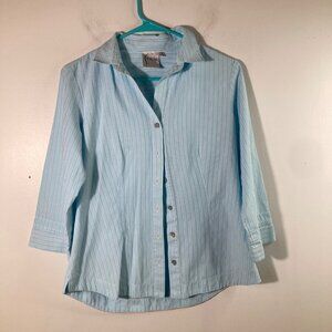 Womens Finley Baby Collar Bonnie Stripe Button Shirt Blue White S Cotton 3/4 Sle